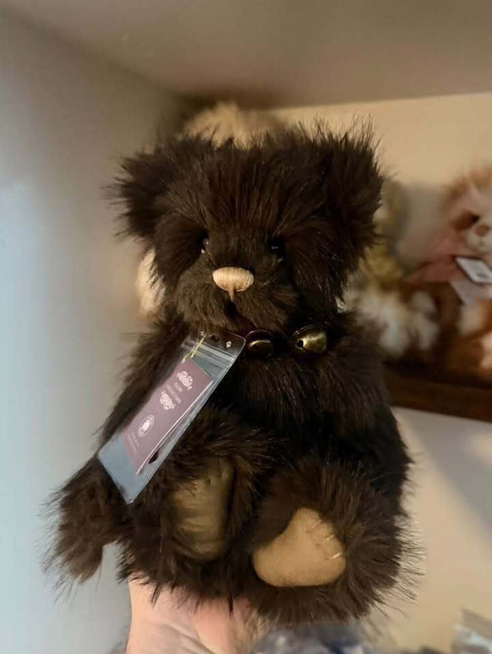 Charlie Bears CB262627 Barnes Plush Bear Medium Pile Brown Fur w 3 Bell Necklace